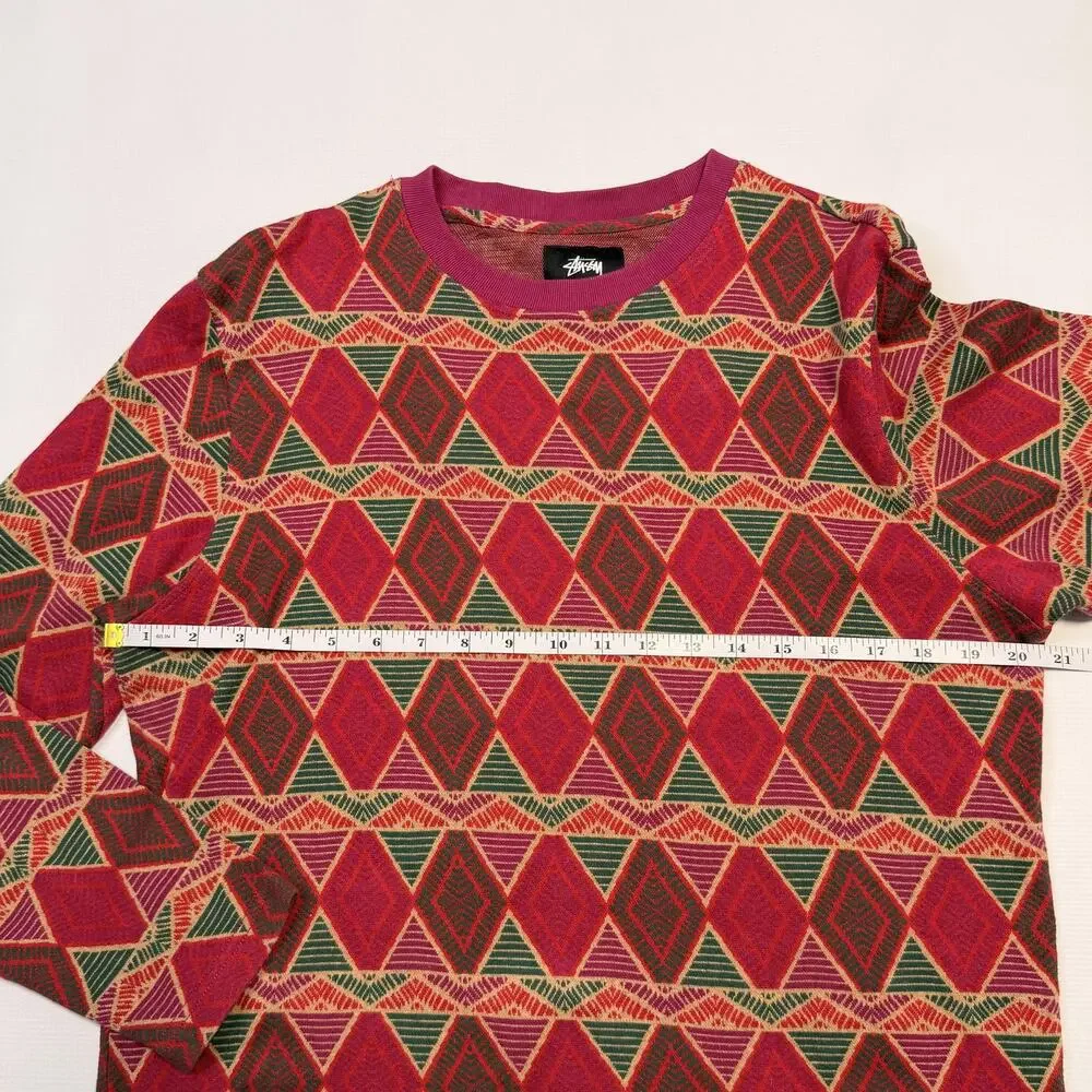 Stussy Sweater Mens Small Red Geometric Knit Crewneck Pullover Cotton Casual